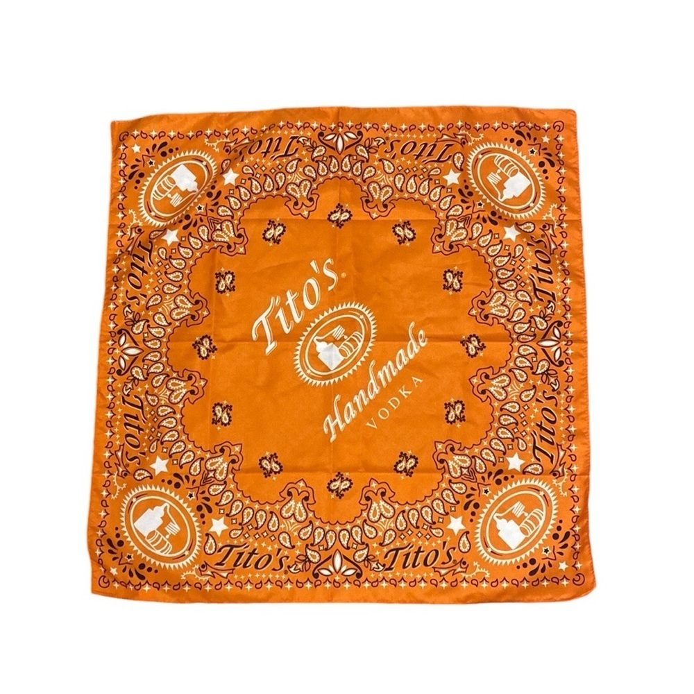 Titos Vodka orange, black, and white bandana